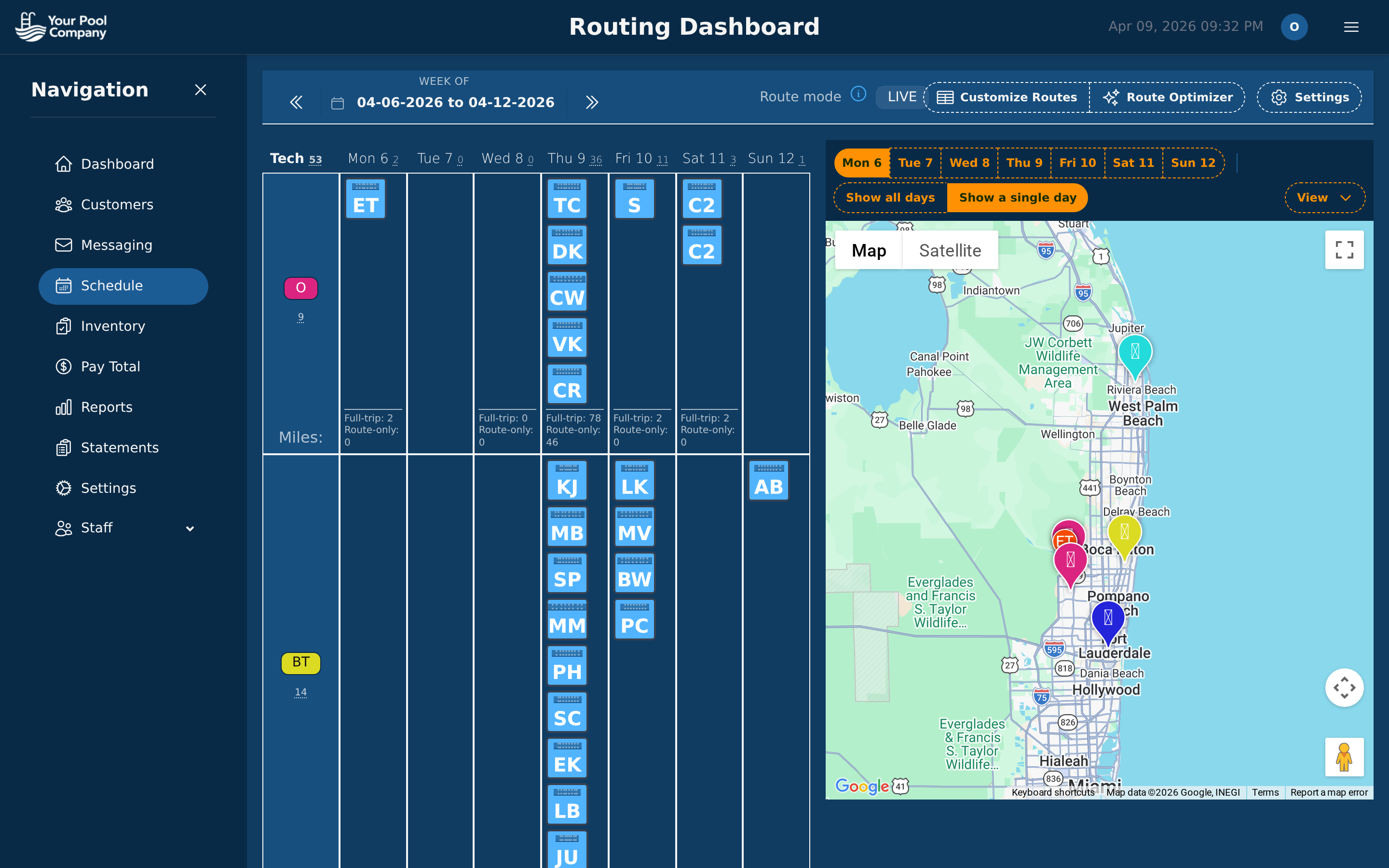 EZ Pool Biller routing dashboard with weekly calendar and map