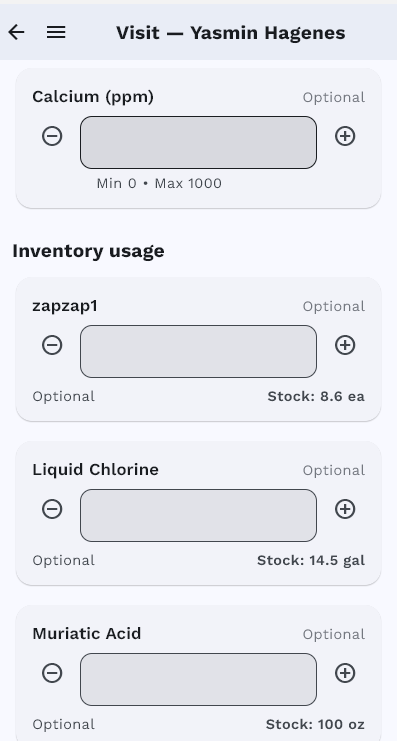 EZ Pool Biller mobile app showing inventory usage at a service stop