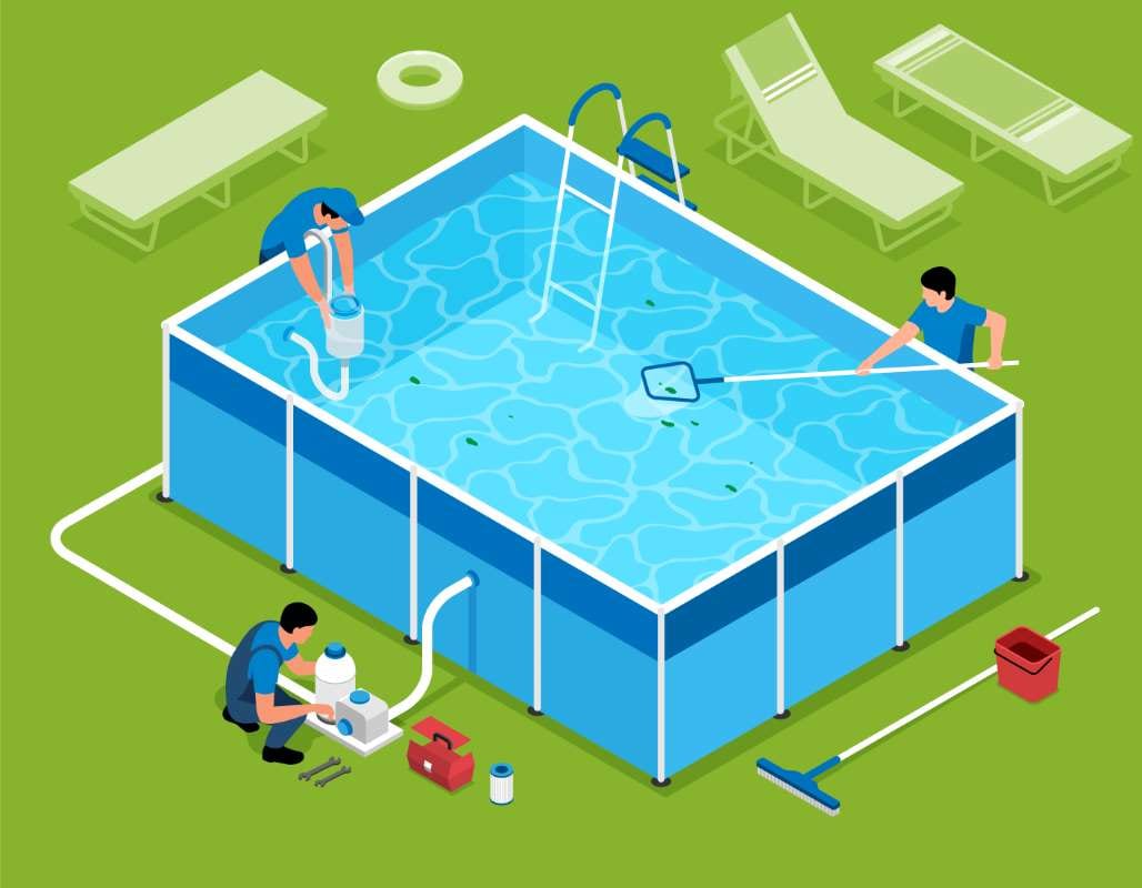Isometric swimming pool cleaning scene for pool billing topic