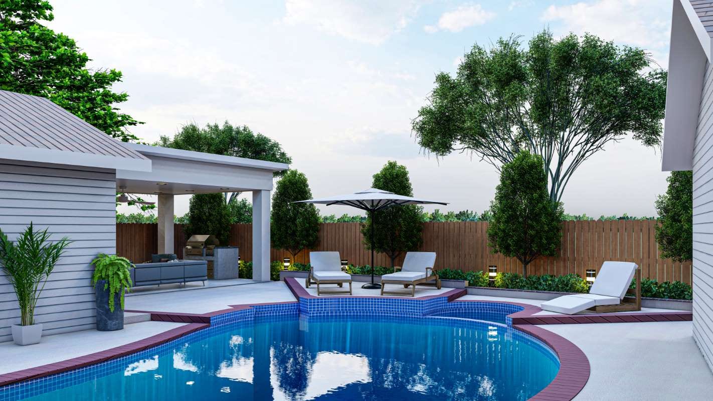 3D backyard render with swimming pool, fire pit, BBQ area, and seating area