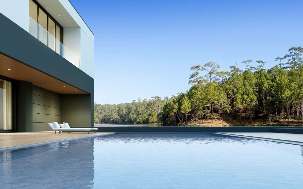 3D render of a modern house with a swimming pool