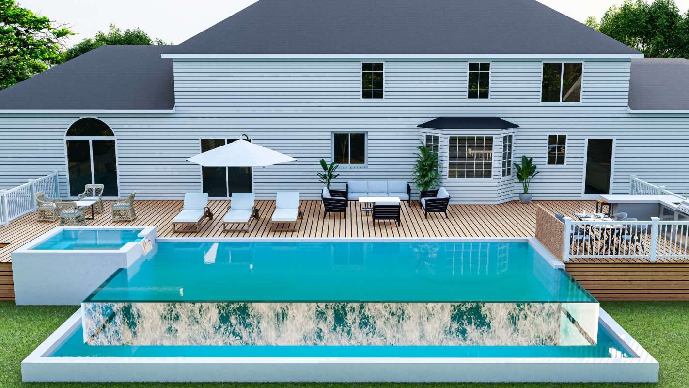 3D rendering of an infinity edge pool with zero-edge design