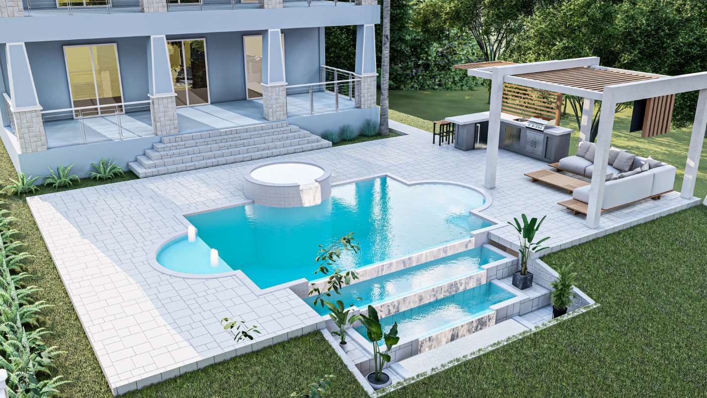3D rendering of an infinity edge pool with a zero-edge design
