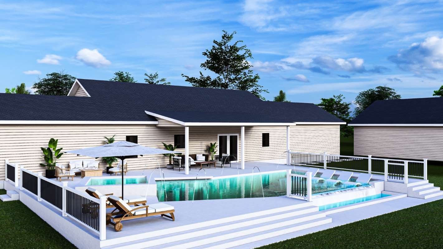 3D rendering of an infinity edge pool with a zero-edge design