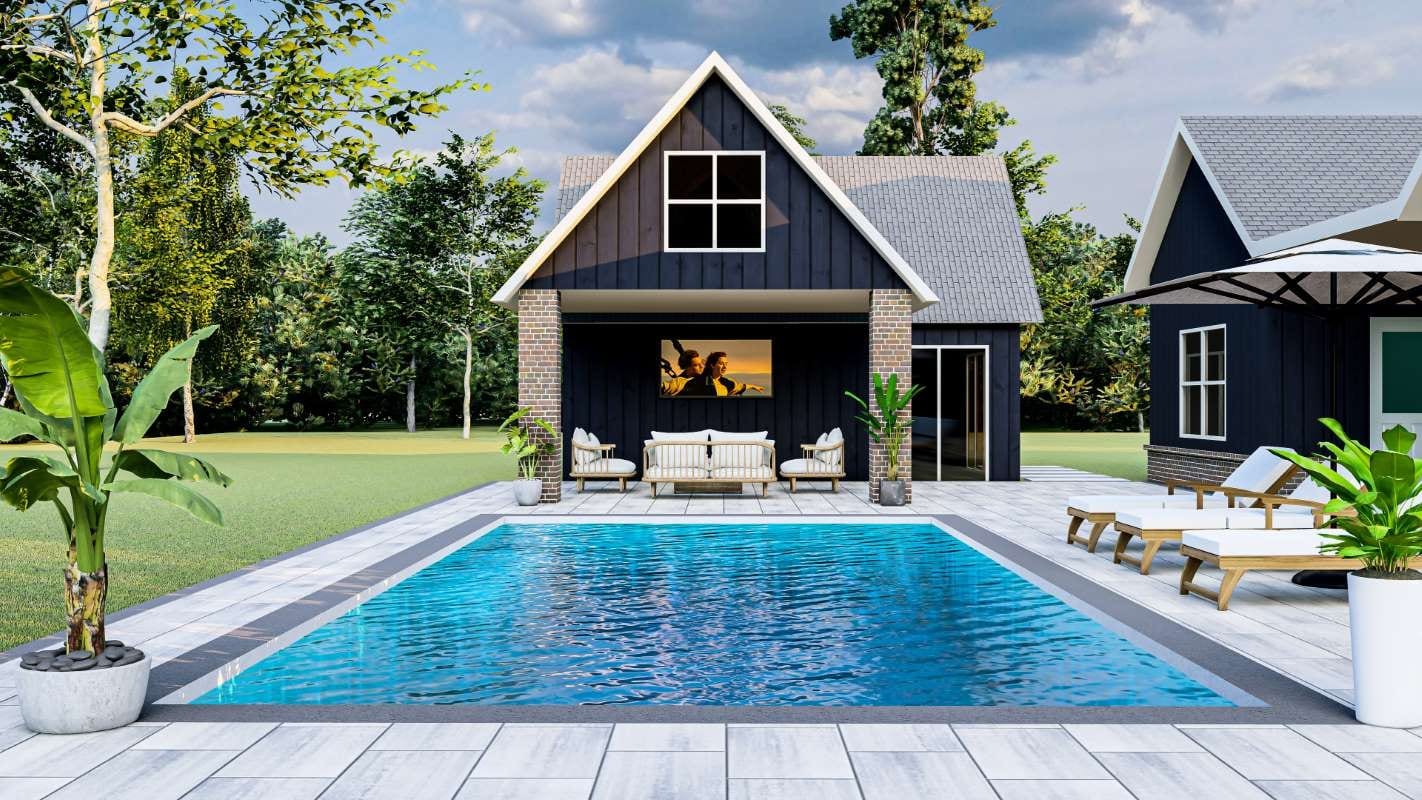 Luxury 3D-rendered swimming pool with calm blue water