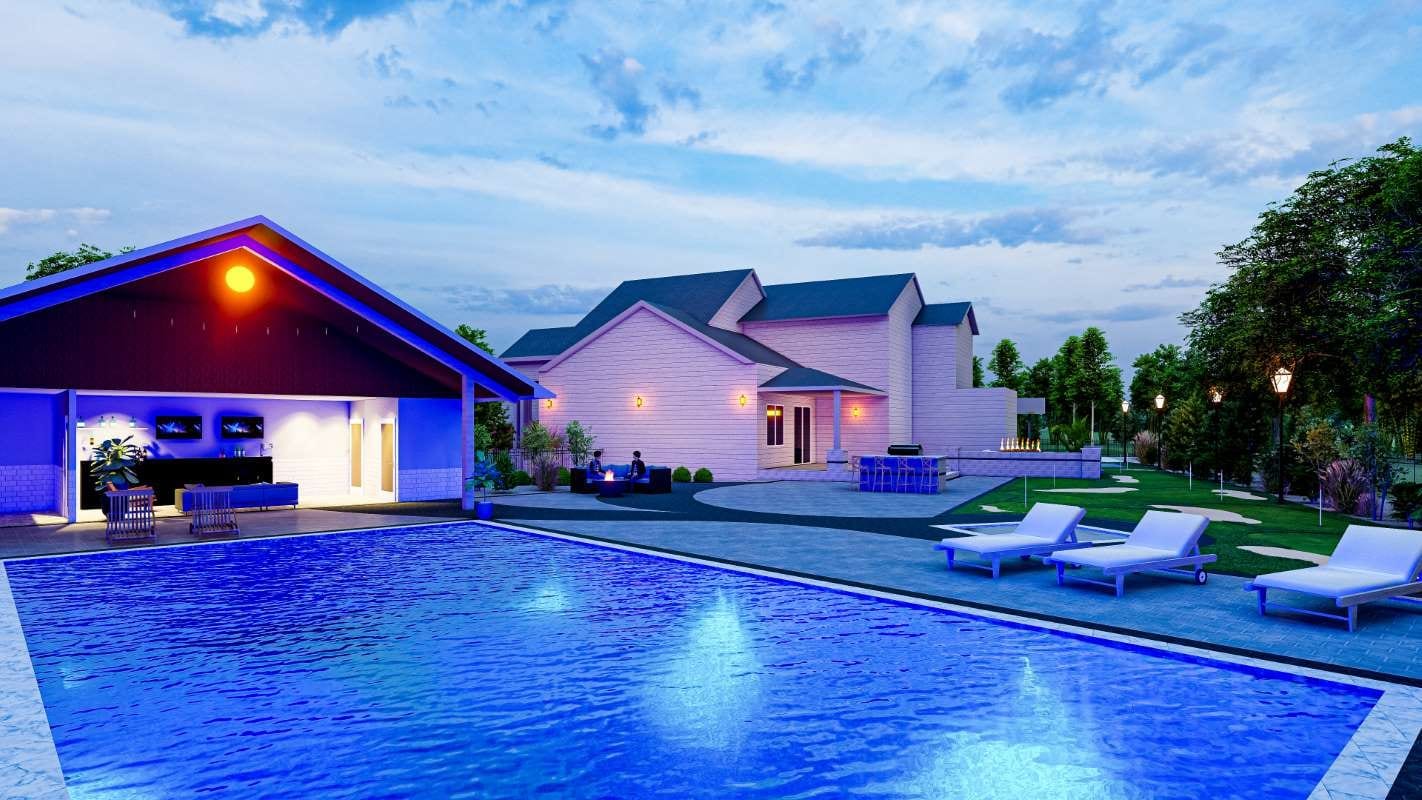 Backyard outdoor living design with pool, fire pit, kitchen, and basketball area