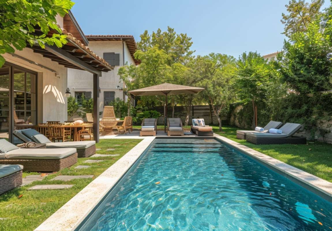 Beautifully landscaped backyard with pool, loungers, and shaded dining area for relaxation