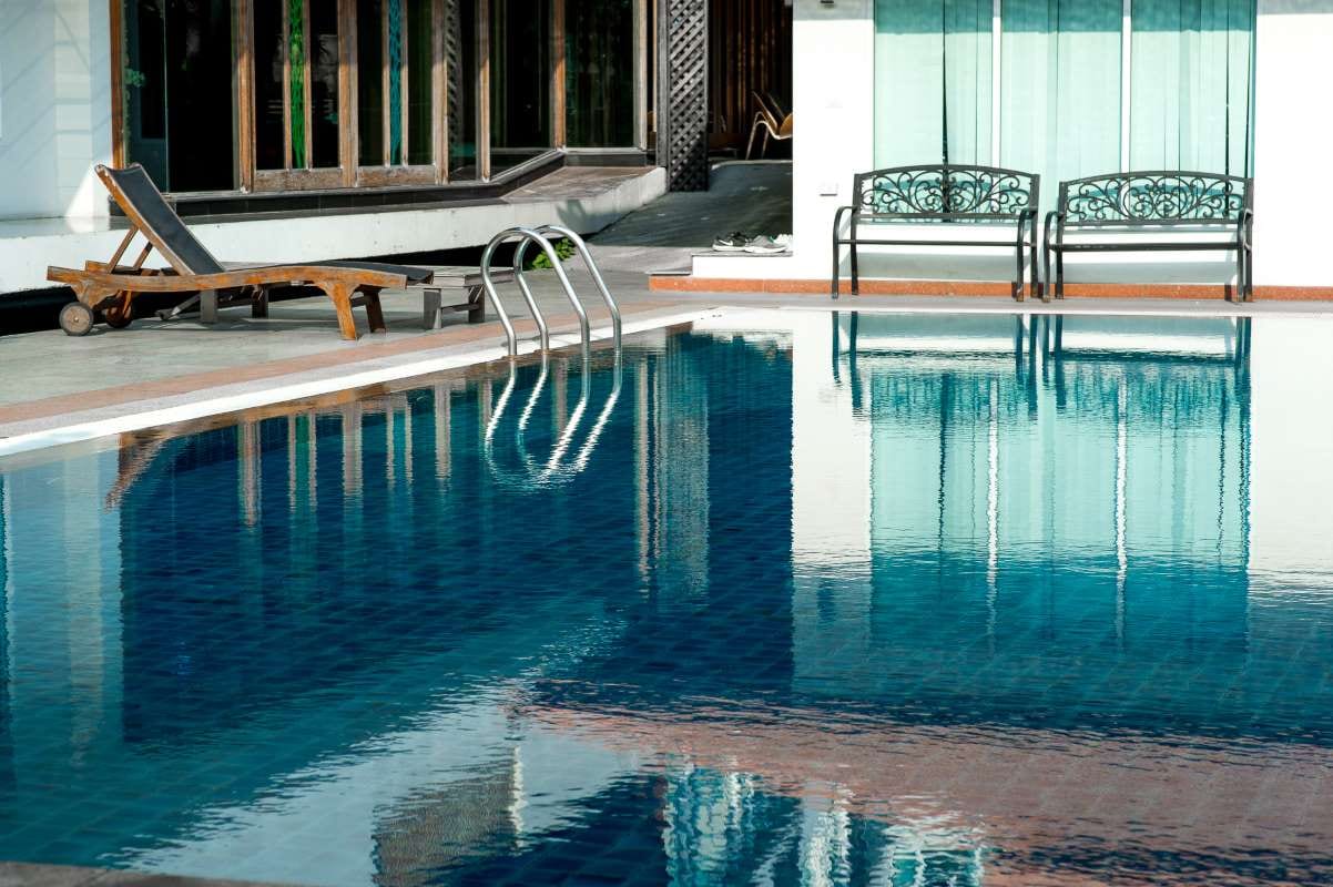 Blue swimming pool with copy space for playing in hot weather