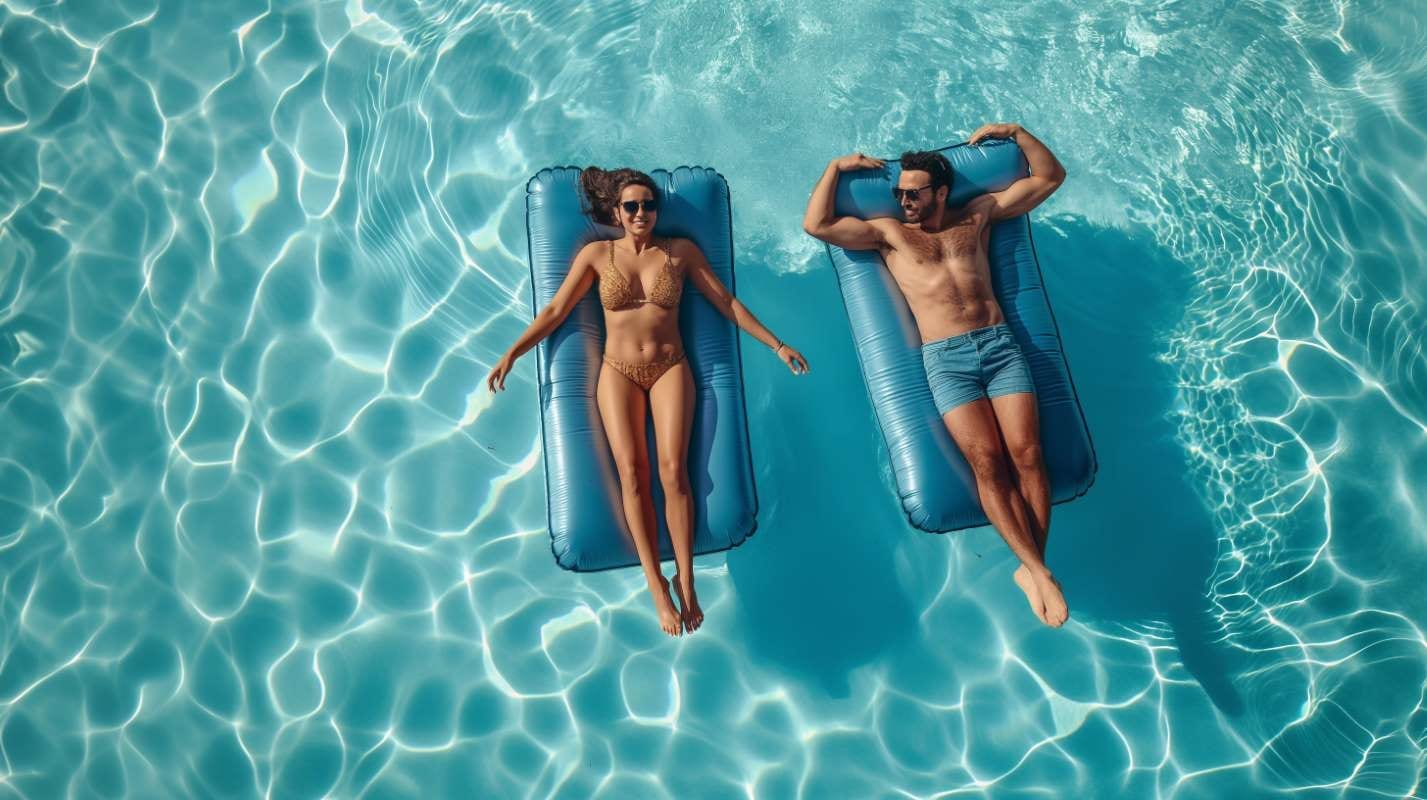 Happy couple floating on inflatable mattresses in a pool, top view