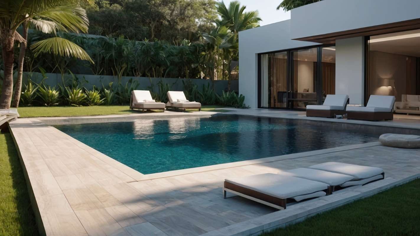 House with a pool, pool house, and palm trees under a blue sky