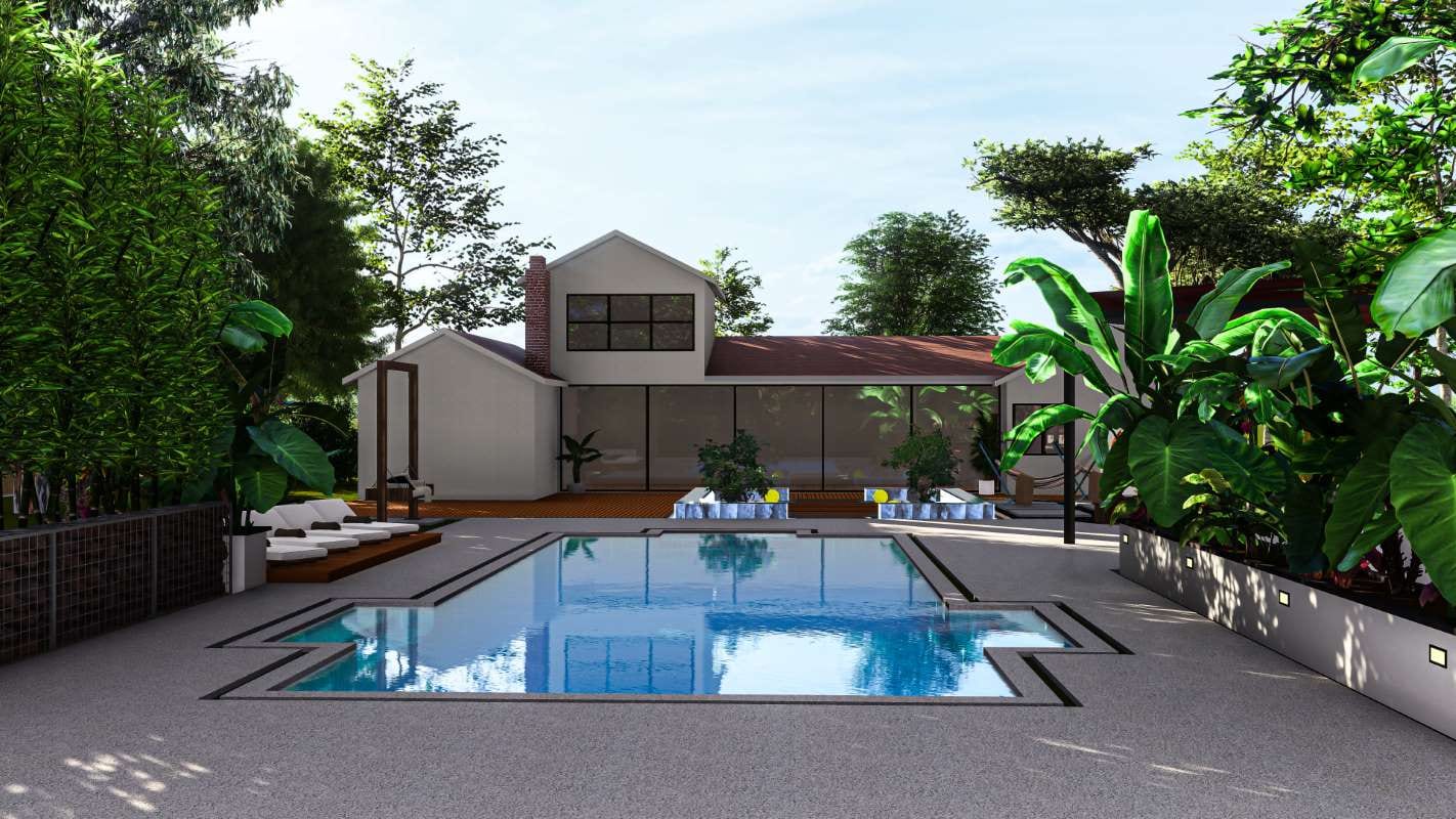 House with pool in a residential backyard for field team learning setting