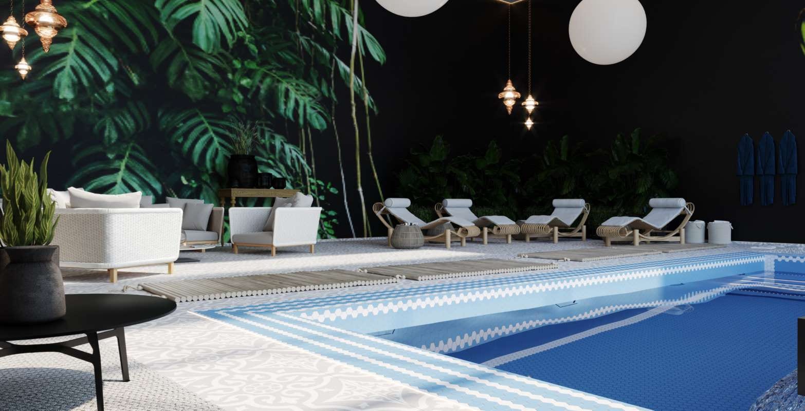 Indoor spa-style pool with blue-and-white tile walls in an oriental design