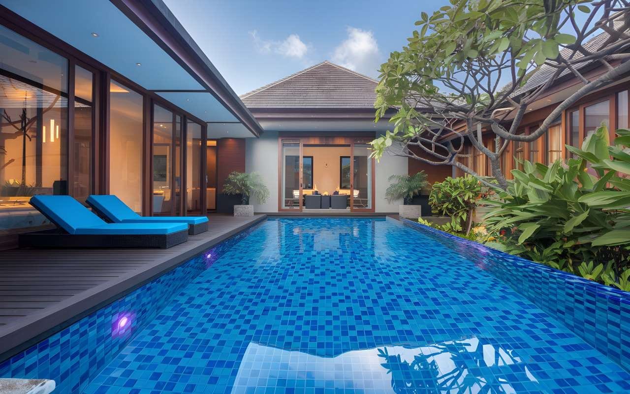 Luxury modern backyard with tiled pool and outdoor living area