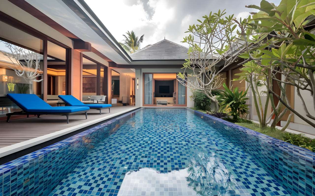 Luxury backyard pool and tiled outdoor living area at a modern Australian home