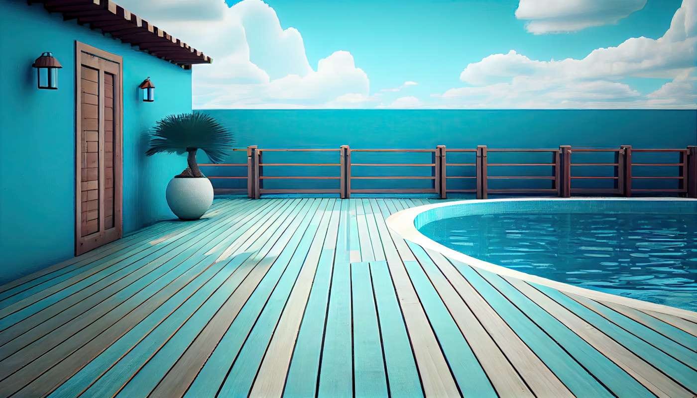 Luxury wood terrace beside a swimming pool in an abstract architectural illustration