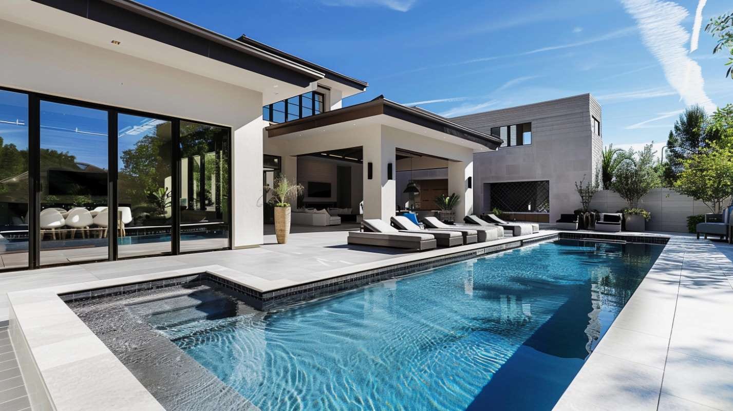 Modern minimalist swimming pool with poolside lounge area