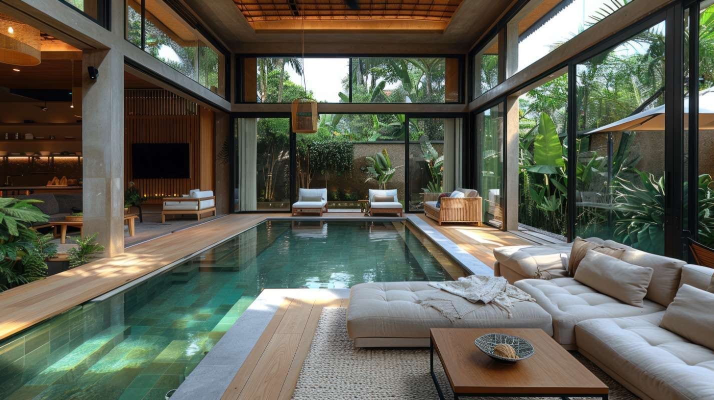Modern tropical villa with indoor pool inside a sleek contemporary home