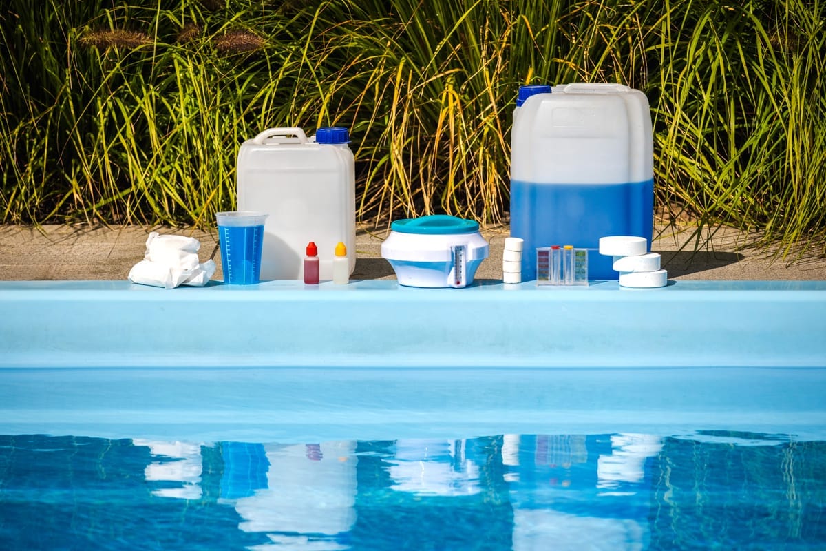 Pool chemicals and supplies arranged in an overview
