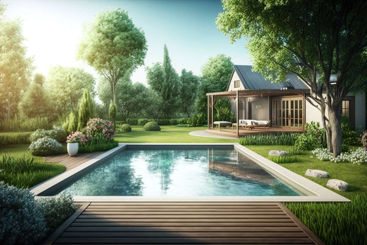 Pool garden with house in the background