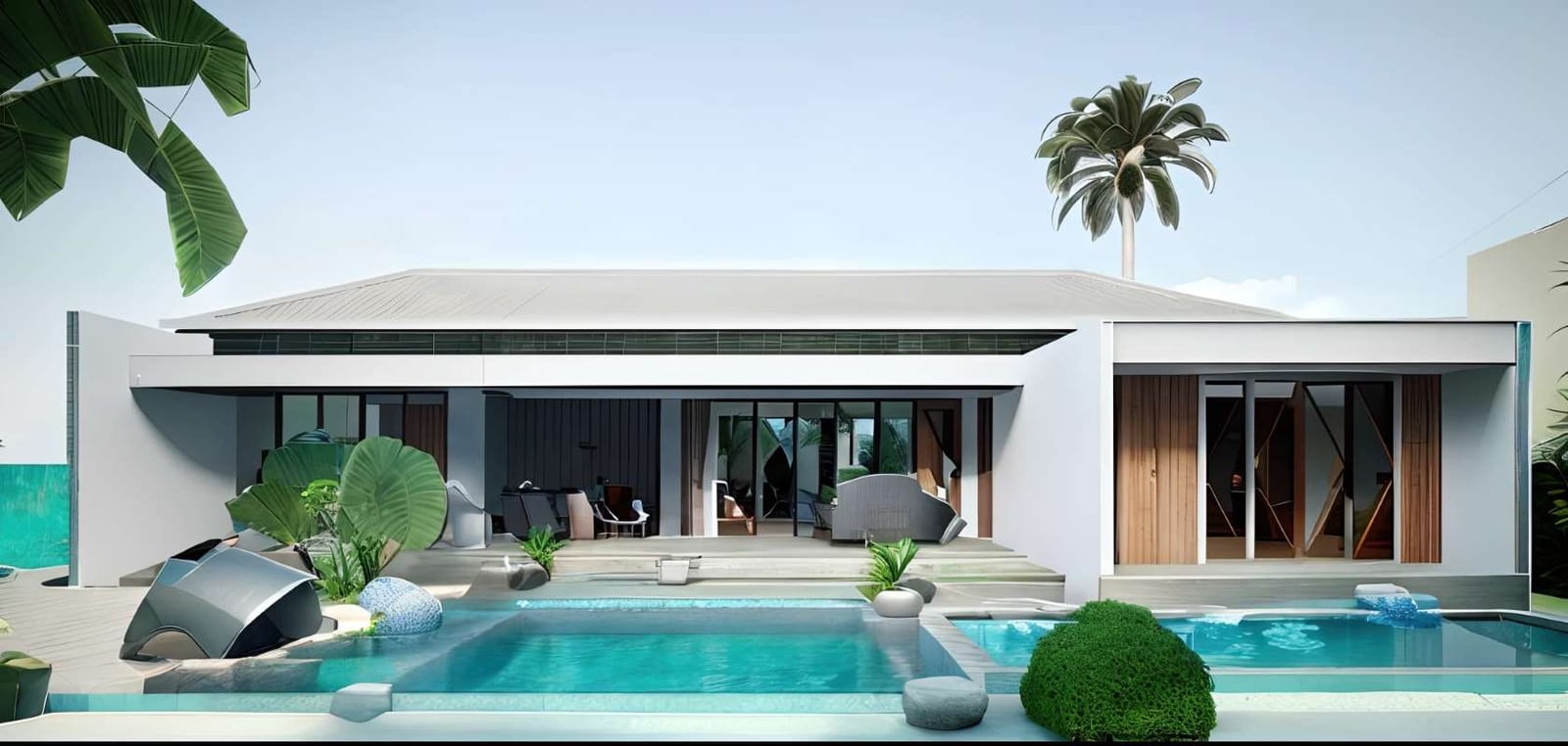 House with pool and palm trees in a residential setting