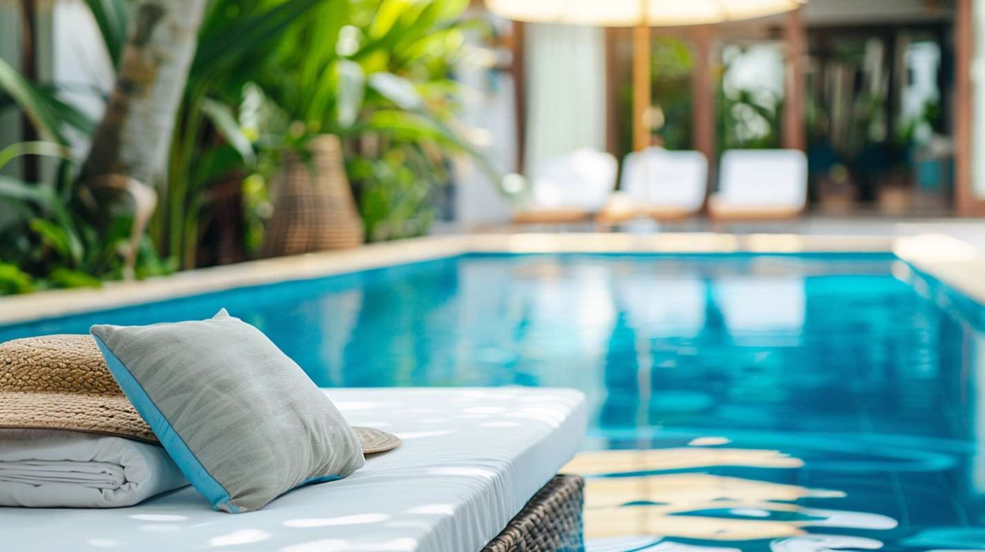 Pool with couch pillows arranged by the water