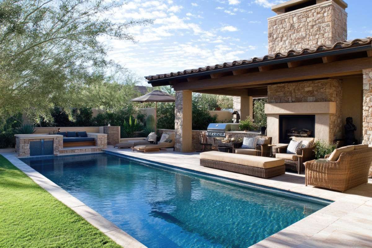 Scottsdale luxury backyard oasis with patio, pool, and fireplace