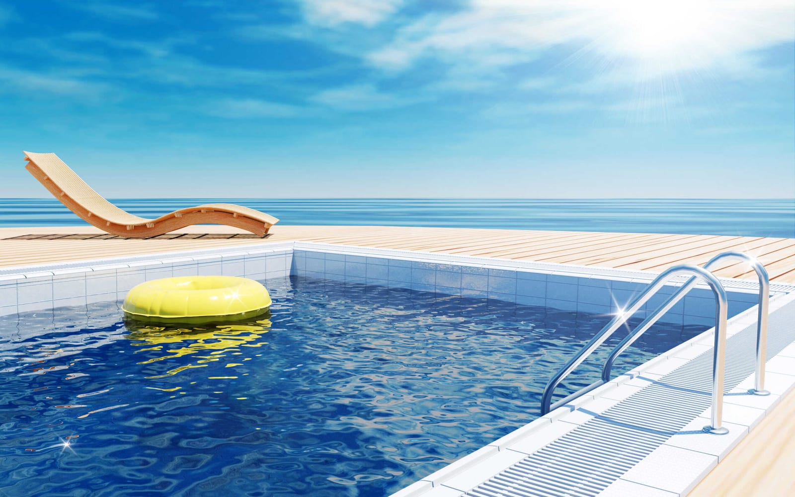 Summer vacation pool with sea view in a 3D rendering