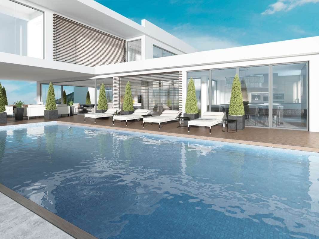 Terrace by a pool with sun loungers beside a modern house, 3D render
