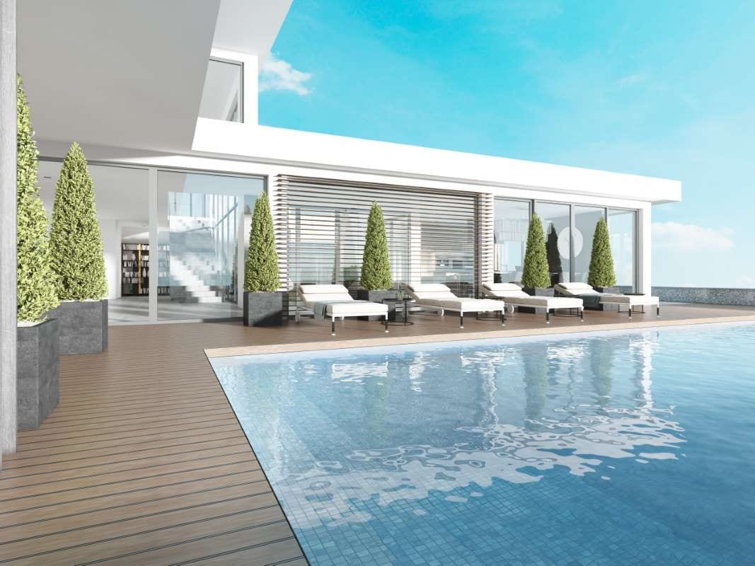Terrace by a pool with sun loungers beside a modern house, 3D rendering
