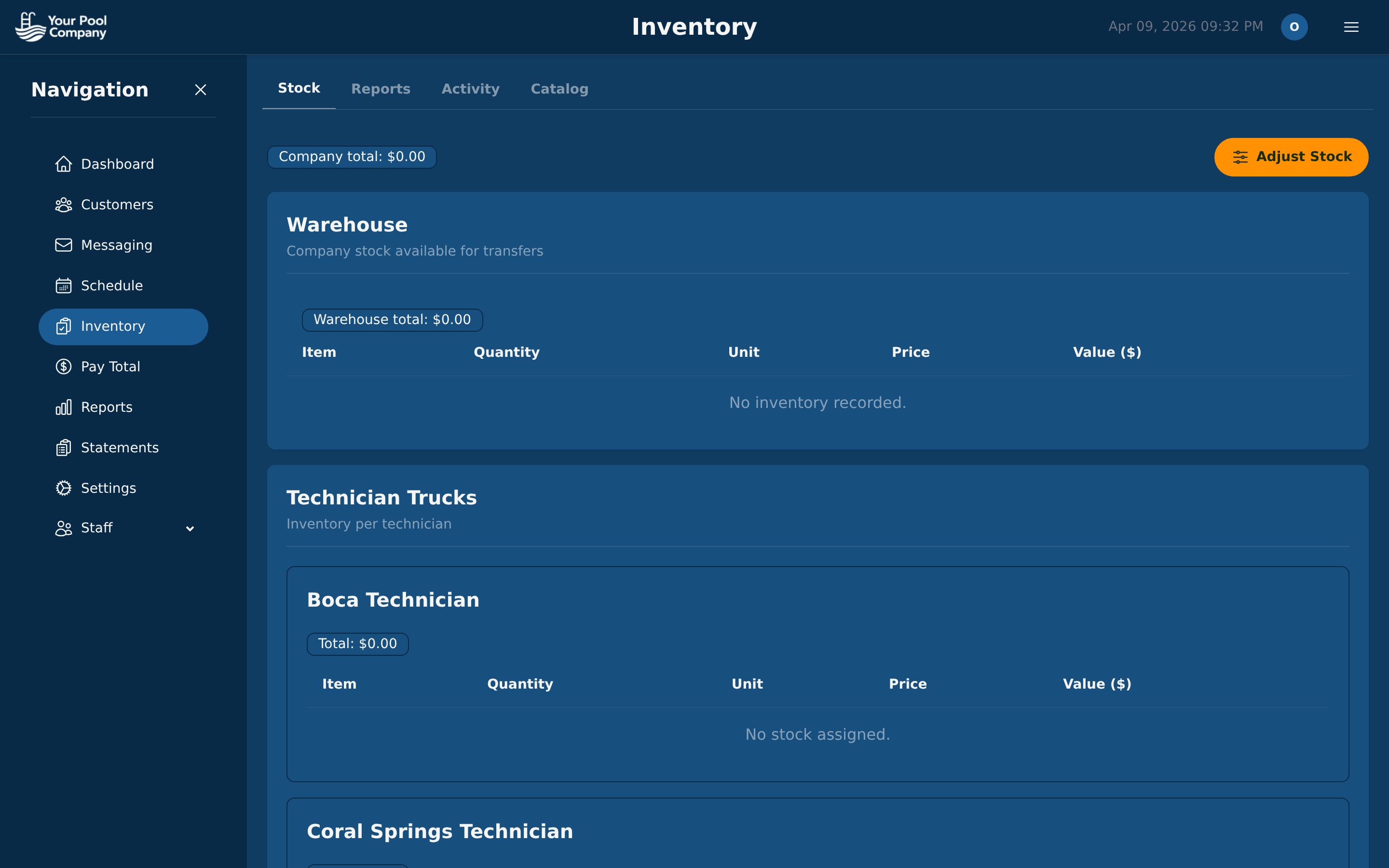 EZ Pool Biller inventory management dashboard showing chemical stock levels and items