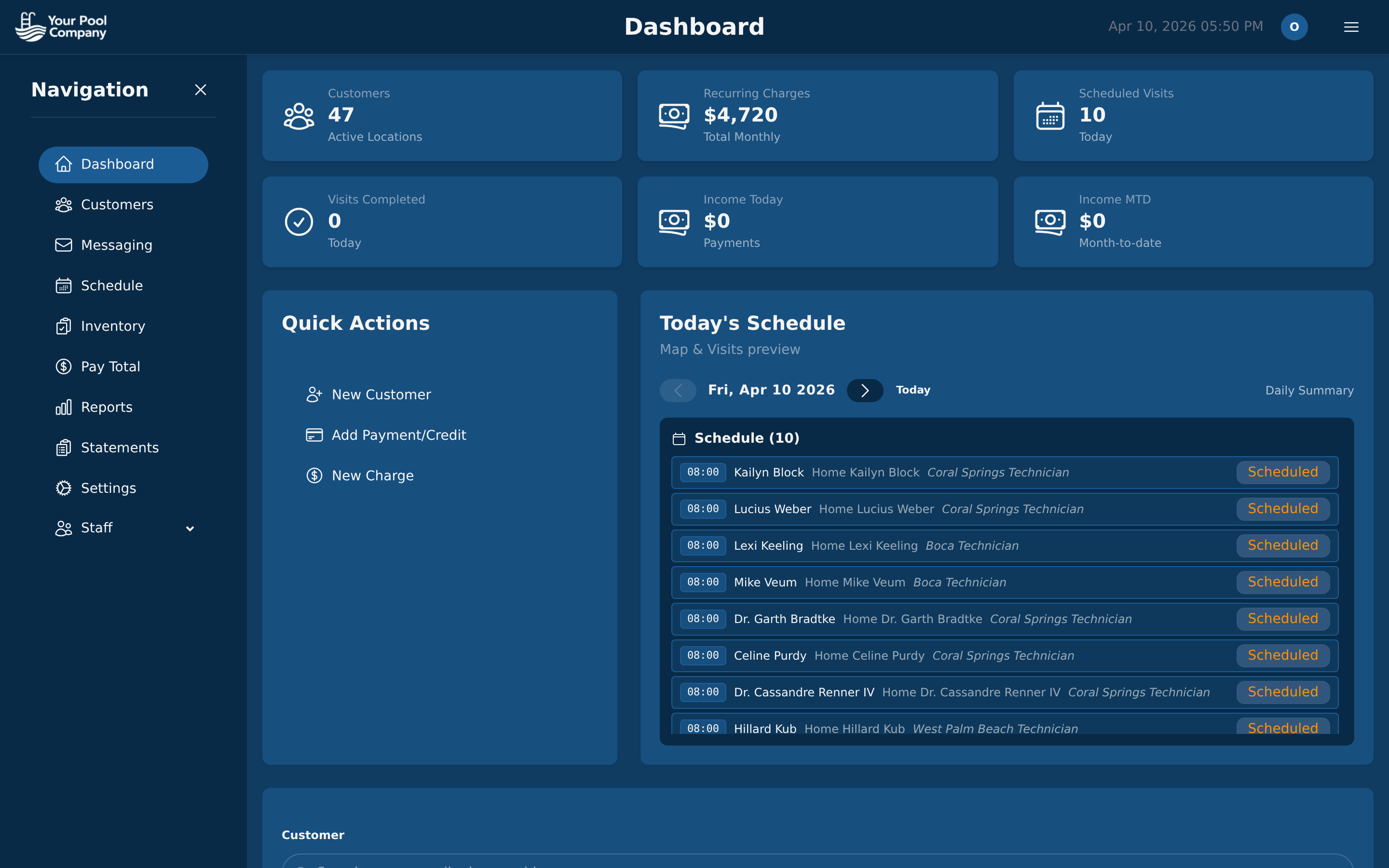 EZ Pool Biller dashboard with welcome message and quick stats