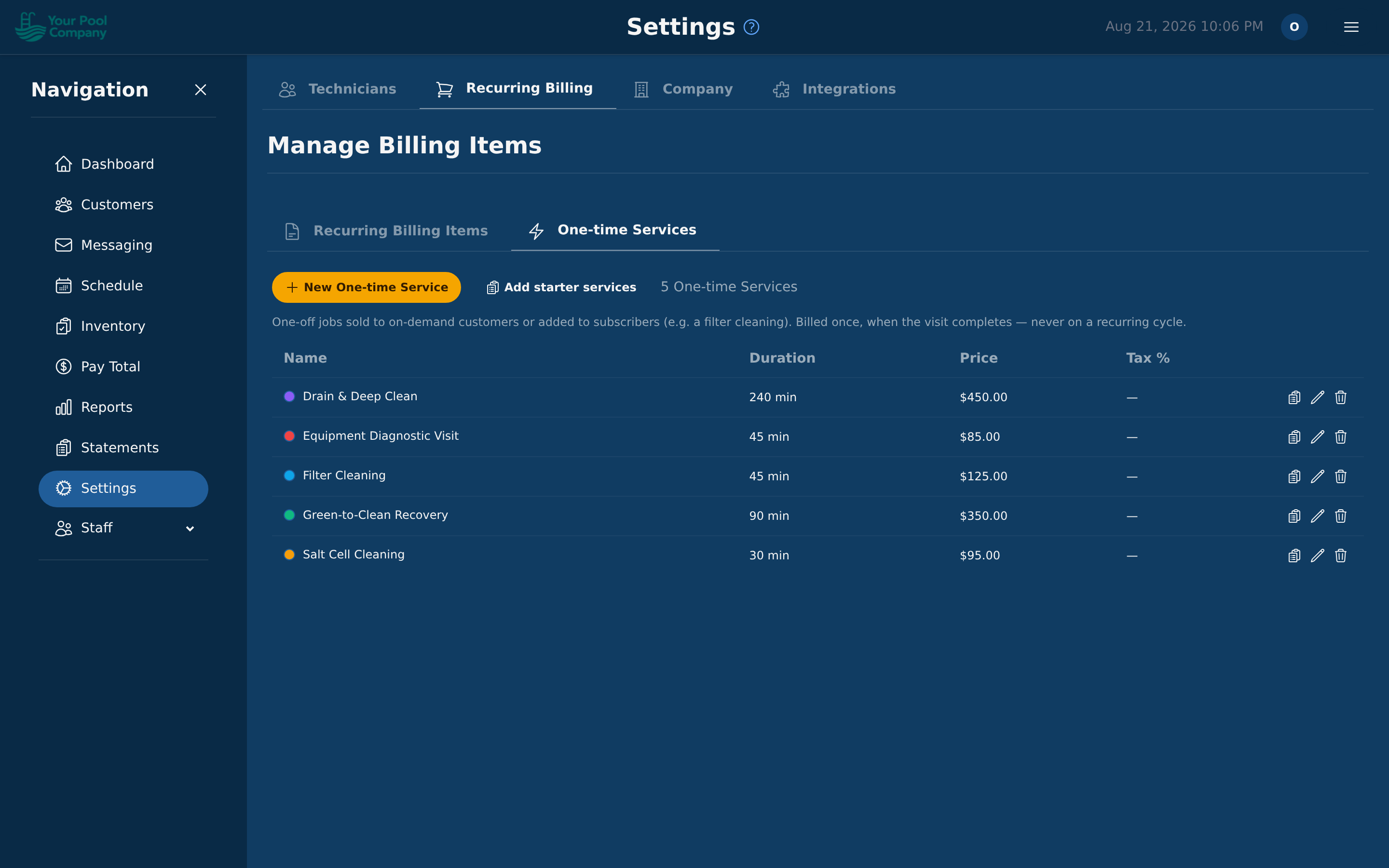One-time services, with the starter jobs your account came with