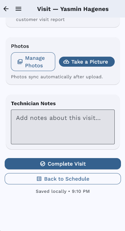 Taking and managing photos on the visit